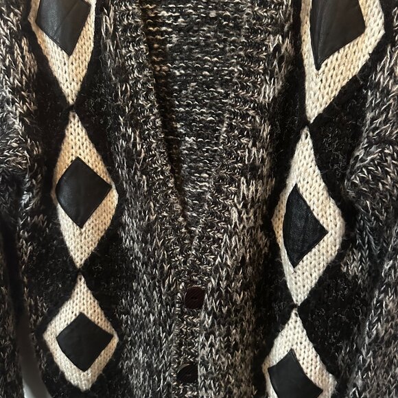 Hyde Street Chunky Knit Cardigan Black White Diamond Pattern | Vintage Wool Blen - Picture 2 of 4